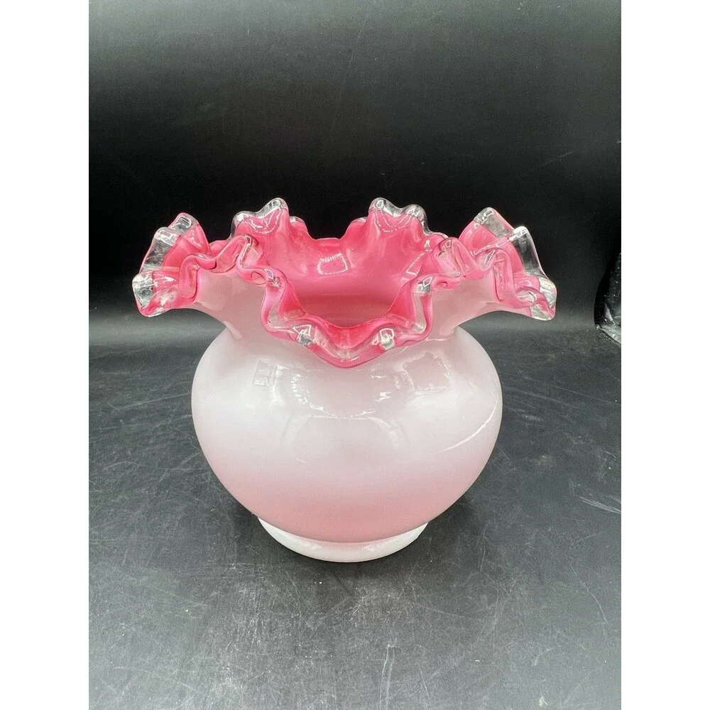 Vintage Fenton Peach Crest White Cased Rose Bowl Vase Pink Interior Ruffled Rim